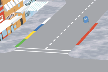 Drawing showing red, green, yellow, blue , and white painted curbs.