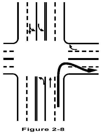 a diagram of a road with arrows depicting a wide turn