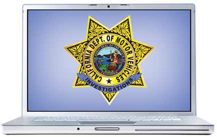 Laptop computer displaying DMV Investigations shield.