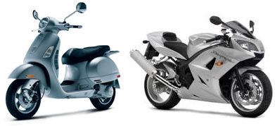 Image of two examples of motorcycles 150cc or larger (one moped, one motorcycle).