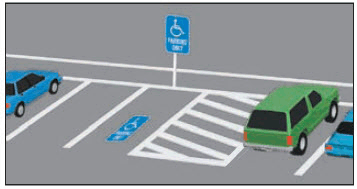 Disabled parking space showing crosshatched (diagonal lines) area.