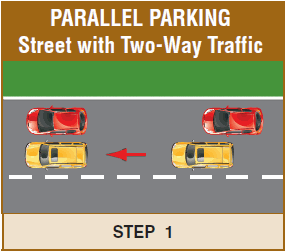 This is an image depicting the first step in parallel parking.