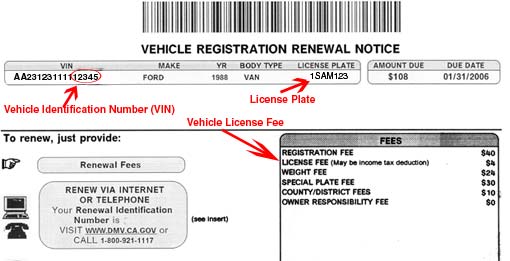 Vehicle Registration Renewal Notice Validated Registration Card