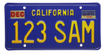 California passenger vehicle license plate (blue).