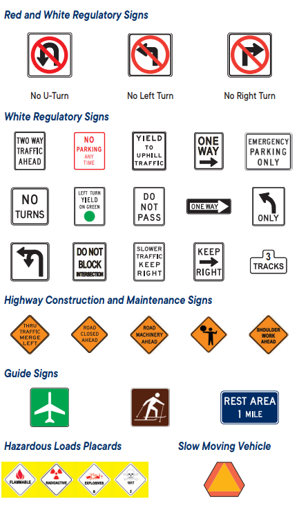 Examples of Red and White Regulatory Signs, White Regulatory Signs, Highway Construction and Maintenance Signs, Guide Signs, Hazardous Loads Placards, and Slow Moving Vehicle Placard