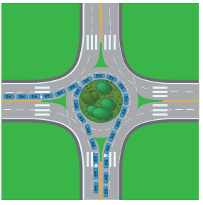 Overhead view of a blue car turning left at a roundabout.