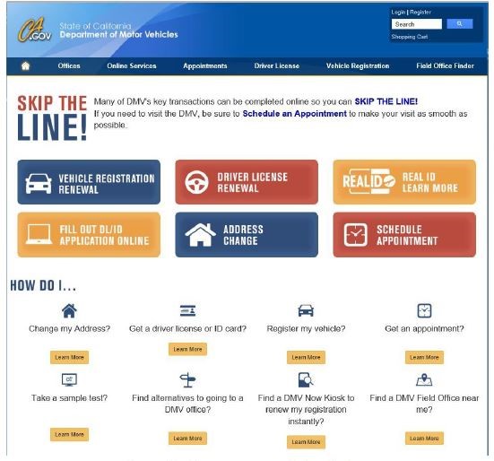 Image of DMV website homepage