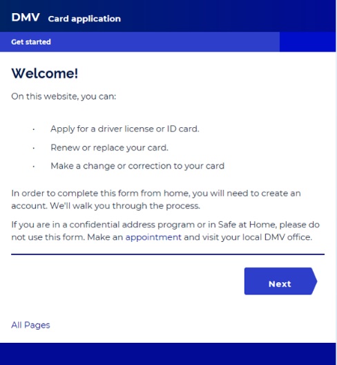 Image of DMV online driver's license application
