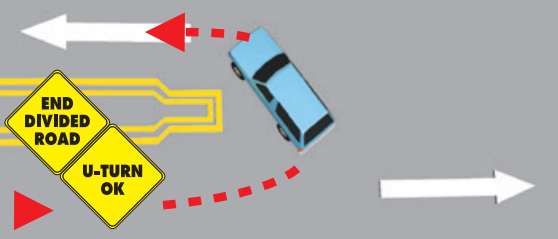 Double Solid Yellow Lines. End Divided Road Sign and U-Turn OK Sign