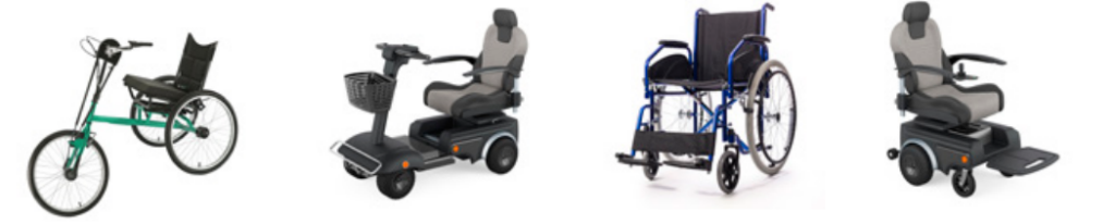 Tricycle, Quadricycle, Standard Wheelchair, and Electric Wheelchair next to each other.