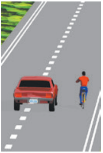 Car passing a cyclist. The car leaves enough space between itself and the bicyclist as it passes.