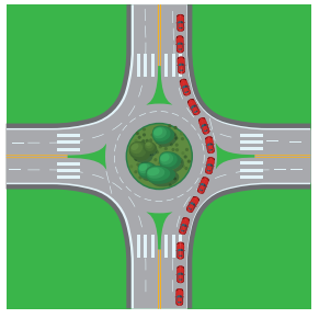 Overhead view of a red car going straight at a roundabout.