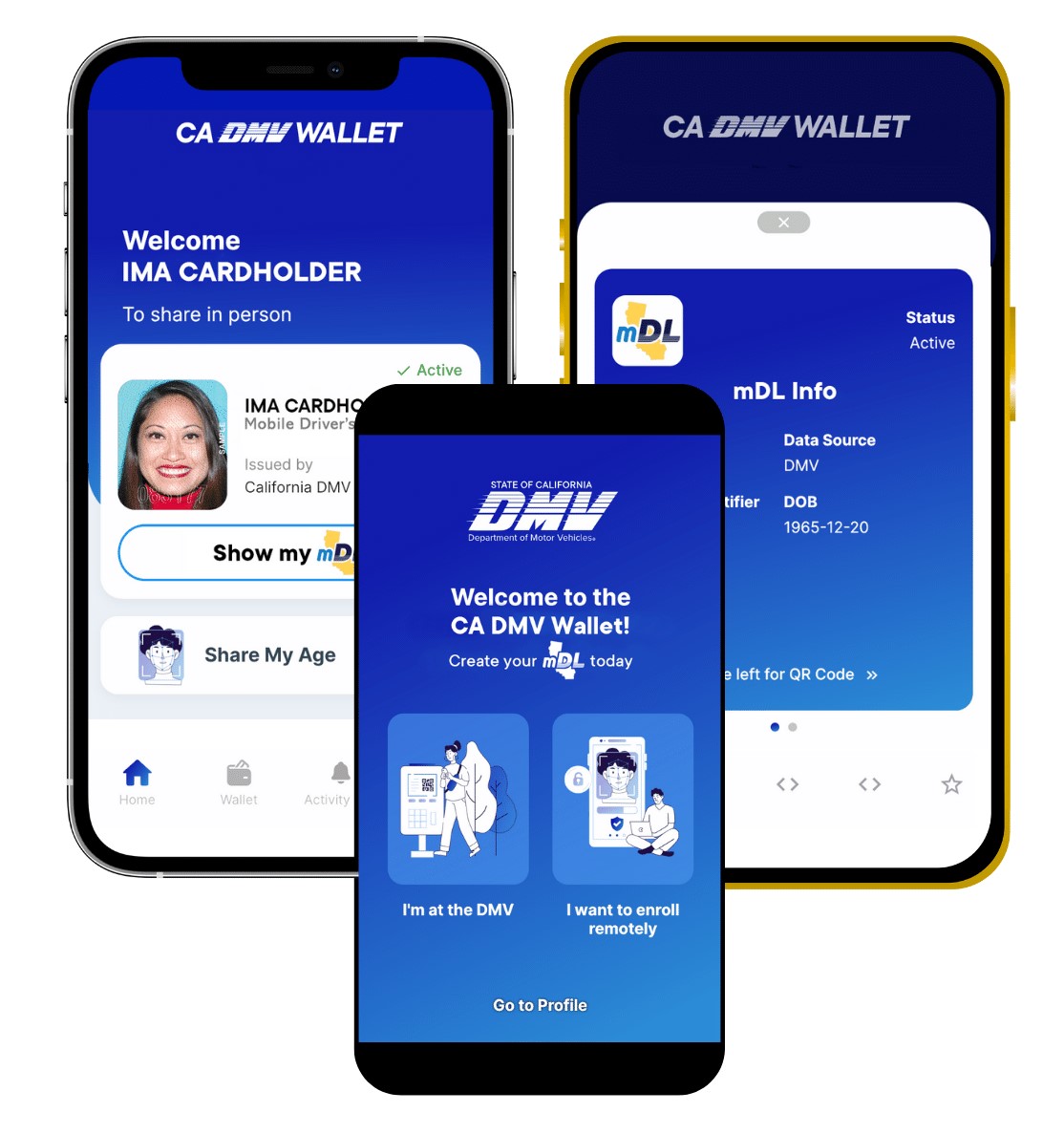 images of mobile phones and what the CA DMV Wallet would look like. 