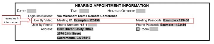 Hearing Appointment Information in a Notice of Hearing. About halfway down the section, "Join By Video" and "Meeting Passcode" are highlighted.