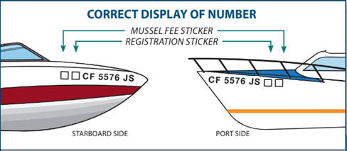 Starboard and port sides of vessels. Arrows indicate where to place Mussel Fee and Registration stickers. On the starboard side of the hull the stickers are placed to the immediate left of the CF number. On the port side the stickers are placed to the immediate right of the CF number.