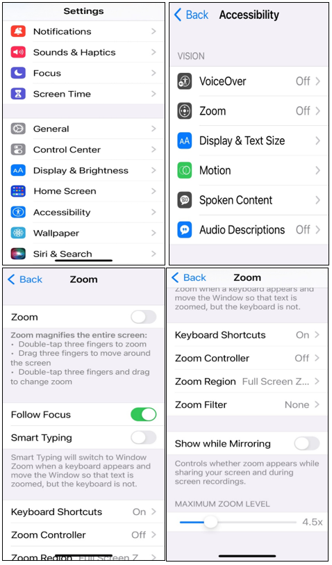 iPhone screens: “Settings”, “Accessibility”, “Zoom”. On "Zoom" screen, “MAXIMUM ZOOM LEVEL” is set to half or less.