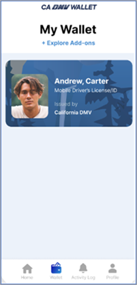 screenshot of CA DMV Wallet: blue tile with picture