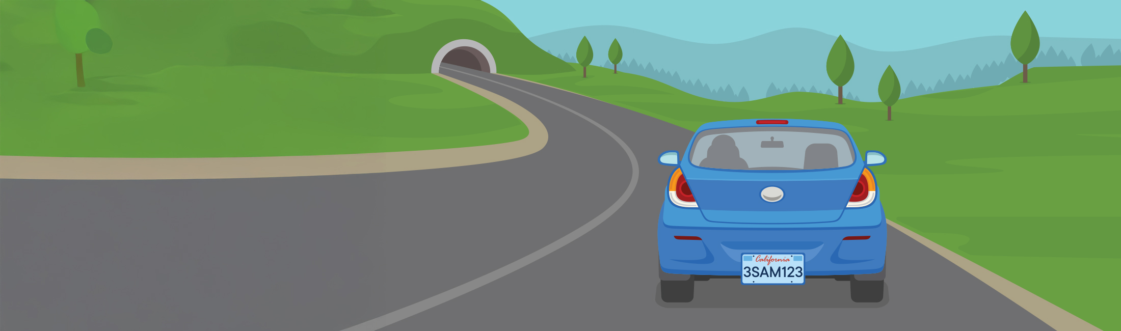 Blue car driving along a highway