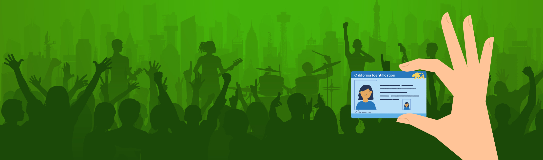 Green concert background with a hand lifting up their ID